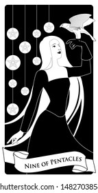 Nine of pentacles. Tarot cards. Beautiful girl carrying a hawk on her hand and nine bright golden pentacles in the background