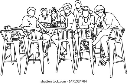 nine people sitting on high chair in the meeting vector illustration sketch doodle hand drawn with black lines isolated on white background
