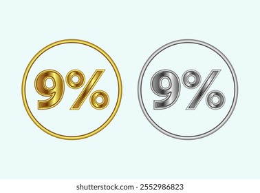 Nine percent icon, 9 percent sign symbol in gold and silver color