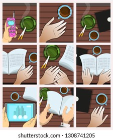 Nine pictures with hands and various objects lying on the table. Phone, cigarettes in an ashtray, a cup of coffee, a laptop, a tablet, a book. Vector set