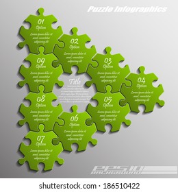 Nine piece flat puzzle infographic presentation. 9 step circle business diagram. Nine section compare service banner. Vector illustration template shape . 3d Abstract Background