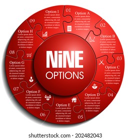 Nine piece flat puzzle round infographic presentation. 9 step circle business diagram. Nine section compare service banner. Vector illustration template shape . 3d Abstract Background
