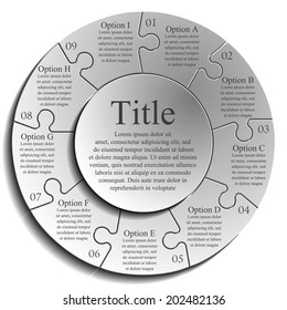 Nine piece flat puzzle round infographic presentation. 9 step circle business diagram. Nine section compare service banner. Vector illustration template shape . 3d Abstract Background