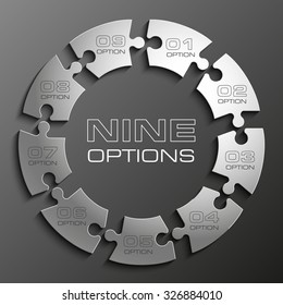 Nine piece flat puzzle round infographic presentation. 9 step circle business diagram. Nine section compare service banner. Vector illustration template shape . 3d Abstract Background
