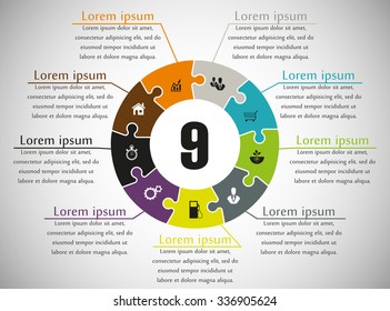 Nine piece flat puzzle round infographic presentation. 9 step circle business diagram. Nine section compare service banner. Vector illustration template shape . 3d Abstract Background