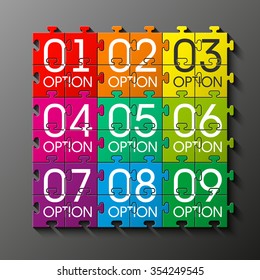 Nine piece flat puzzle round infographic presentation. 9 step circle business diagram. Nine section compare service banner. Vector illustration template shape . 3d Abstract Background