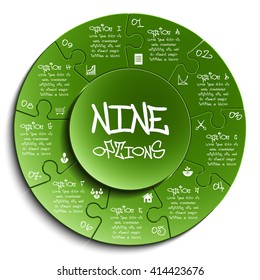 Nine piece flat puzzle round infographic presentation. 9 step circle business diagram. Nine section compare service banner. Vector illustration template shape . 3d Abstract Background