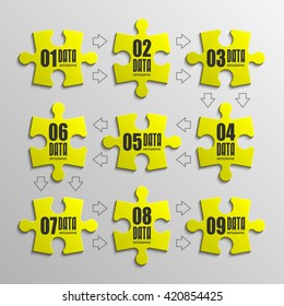 Nine piece flat puzzle round infographic presentation. 9 step circle business diagram. Nine section compare service banner. Vector illustration template shape . 3d Abstract Background