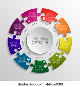 Nine Piece Puzzle Business Presentation. Circle Infograph. 9 Step Diagram