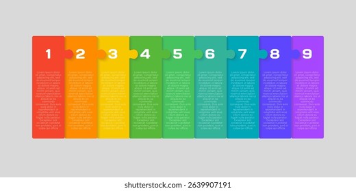 Nine pieces colorful puzzle line infographic. Business, idea, flow concept. Template for 9 options, parts, processes. Jigsaw info graphic. Can be used for process, presentation, layout, banner, graph