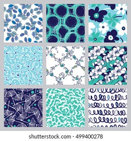Nine pieces of different artistic floral patterns, set of creative repeating pattern swatches