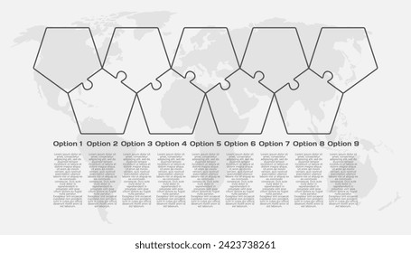 Nine pieces pentagon puzzle line infographic. Business, idea, flow concept. Template for 9 options, parts, processes. Jigsaw info graphic. Can be used for process, presentation, layout, banner, graph