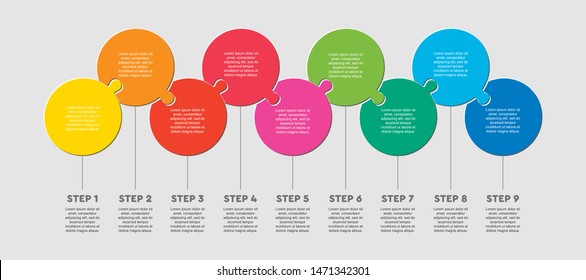 Nine pieces puzzle circles line . Circles business presentation infographic. 9 steps, parts, pieces of process diagram. Section compare banner. Jigsaw puzzle info graphic. Marketing strategy.