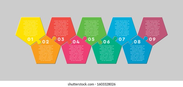 Nine pieces puzzle pentagon diagram. Penta business presentation infographic. 9 steps, parts, pieces of process diagram. Section compare banner. Jigsaw puzzle info graphic. Marketing strategy.