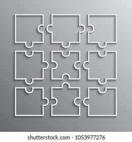 Nine pieces puzzle squares diagram. Squares business presentation infographic. 9 steps, parts, pieces of process diagram. Section compare banner. Jigsaw puzzle info graphic. Marketing strategy.