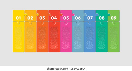 Nine Pieces Puzzle Squares Diagram. Squares Business Presentation Infographic. 9 Steps, Parts, Pieces Of Process Diagram. Horizontal Section Compare Banner. Jigsaw Puzzle Info Graphic.