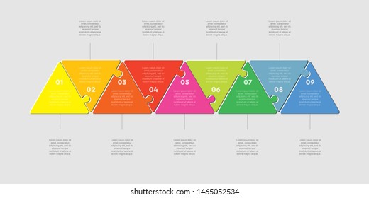 Nine pieces puzzle triangles diagram. Triangle line business presentation infographic. 9 steps, parts, pieces process diagram. Section compare banner. Jigsaw puzzle info graphic. Marketing strategy.