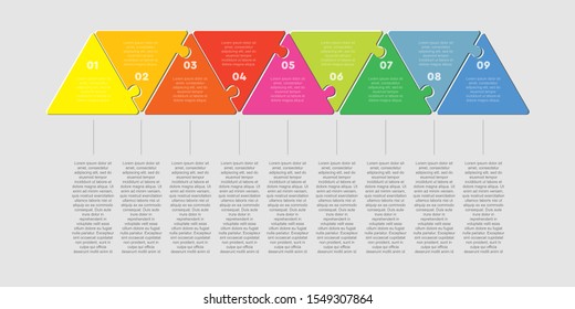 Nine pieces puzzle triangles process. Triangle line business presentation infographic. 9 steps, parts, pieces of process diagram. Section compare banner. Jigsaw puzzle info graphic. Marketing strategy