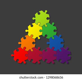 Nine pieces pyramid puzzle presentation infographic template with explanatory text field for business statistics illustration. Nine stages triangle puzzle piece shape
