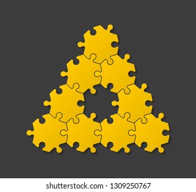 Nine pieces pyramid puzzle presentation infographic template with explanatory text field for business statistics illustration. Nine stages triangle puzzle piece shape