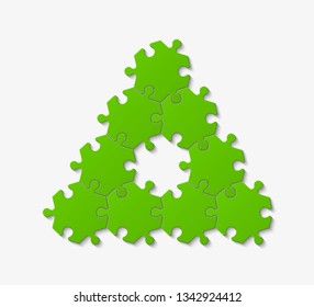Nine pieces pyramid puzzle presentation infographic template with explanatory text field for business statistics illustration. Nine stages triangle puzzle piece shape