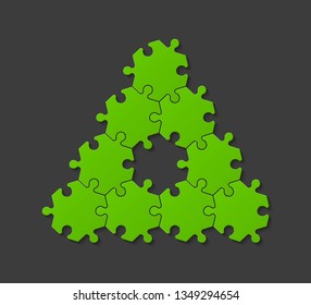 Nine pieces pyramid puzzle presentation infographic template with explanatory text field for business statistics illustration. Nine stages triangle puzzle piece shape