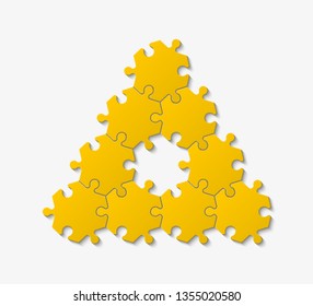 Nine pieces pyramid puzzle presentation infographic template with explanatory text field for business statistics illustration. Nine stages triangle puzzle piece shape