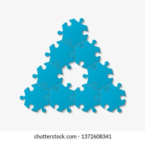 Nine pieces pyramid puzzle presentation infographic template with explanatory text field for business statistics illustration. Nine stages triangle puzzle piece shape