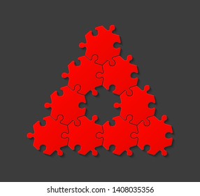 Nine pieces pyramid puzzle presentation infographic template with explanatory text field for business statistics illustration. Nine stages triangle puzzle piece shape