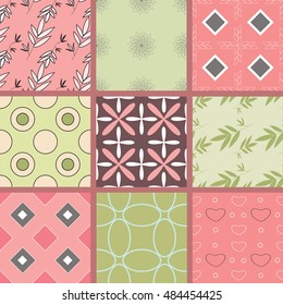Nine pink and olive seamless textures with floral, geometric and hearts ornaments