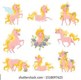 Nine Pink Unicorns In Different Positions Collected In Set Of Vector Illustration