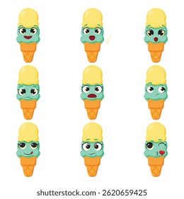 Nine pistachio ice cream cone characters with different expressions Happy, surprised, sad, worried, angry, silly, neutral, and flirty ice cream emoticons 