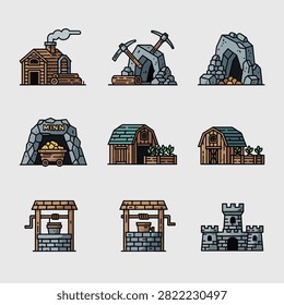 Nine pixel art illustrations of mining and medieval structures