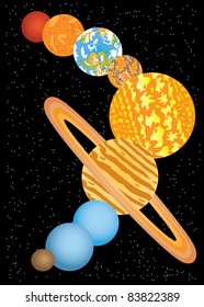 Nine planets of solar system on the black background with stars