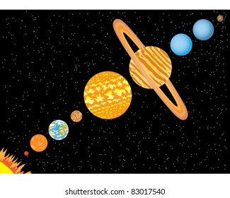 Nine planets and sun standing in line in space