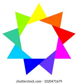 Nueve estrellas puntiagudas, triángulos coloridos alrededor de un nonagón, elemento de diseño del logo