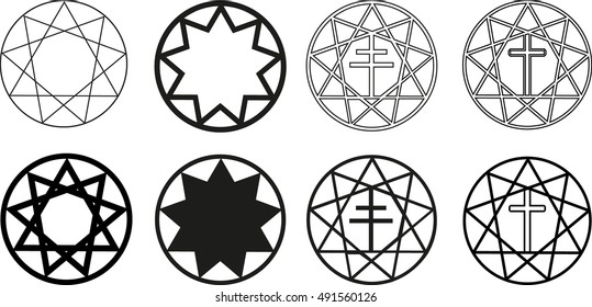 Nine pointed star , stars in a circle  ,Star and Cross,