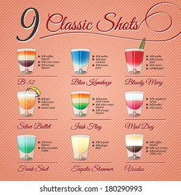 Nine popular alcohol shots recipes and vector illustrations on vintage background.