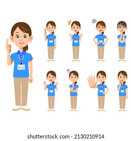 Nine Poses And Facial Expressions Of Female Staff Wearing Short-sleeved Polo Shirts And Name Tags 1