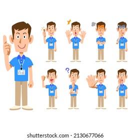 Nine Poses And Facial Expressions Of Male Staff Wearing Short-sleeved Polo Shirts And Name Tags 1