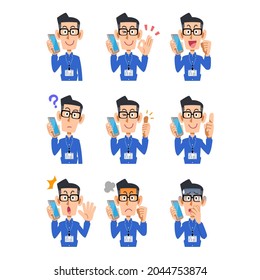 Nine poses of a man wearing an ID card, glasses and a blue shirt talking on a mobile phone