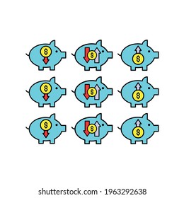  Nine profit and defisit piggy bank Illustration. money business accounting presentation finance, flat graphic symbol Modern outline icons for mobile application and web concepts. white background.