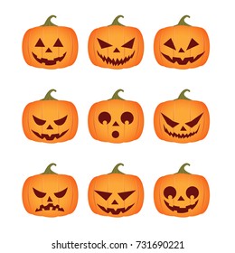 nine pumpkins with different emotions on an isolated background for halloween