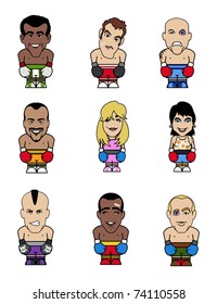 Nine puppets of funny boxers (seven men, two women) on white background
