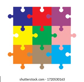 Nueve piezas de color rompecabezas ilustran vectoriales, aisladas en fondo blanco.