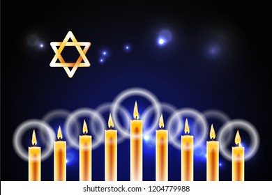 Nine realistic candles at menorah Traditional Candelabra and Star of David on a dark magic background - banner for Hanukkah Chanukah. Vector Greeting card for traditional jewish Israel holiday