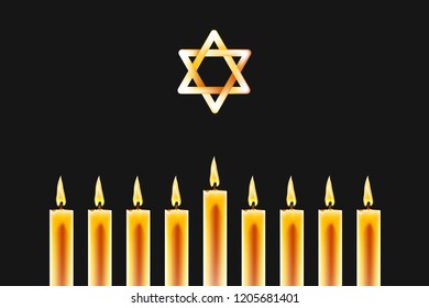 Nine realistic candles at menorah Traditional Candelabra and Star of David on a dark magic background - banner for Hanukkah Chanukah. Vector composition Greeting for traditional jewish Israel holiday