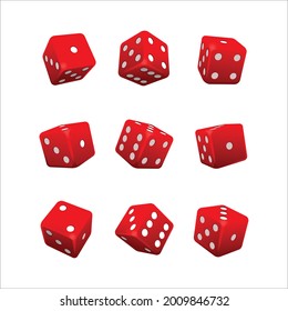 Nine realistic detailed red casino dice set. Isolated on a white background. Vector illustration.