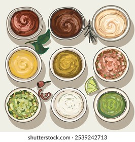 Nueve tipos realistas de salsas de salsa salsa de kétchup Guacamole Mayo BBQ Mostaza Icono de comida rápida Comer frita deliciosa hamburguesa americana decorada con hierbas aisladas sobre fondo blanco