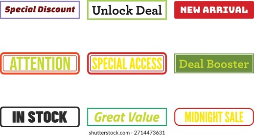 nine rectangular labels with various sale and discount texts isolated on transparent background